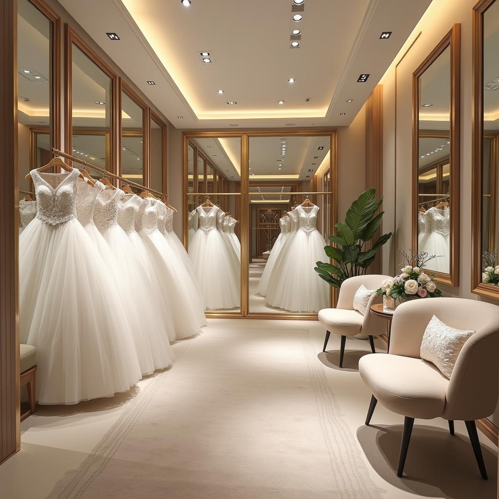 Không gian sang trọng và đẳng cấp tại Linh Nga Bridal 95 Nguyễn Thị Minh Khai Quận 1, tạo cảm giác thoải mái cho khách hàng khi đến lựa chọn áo cưới.